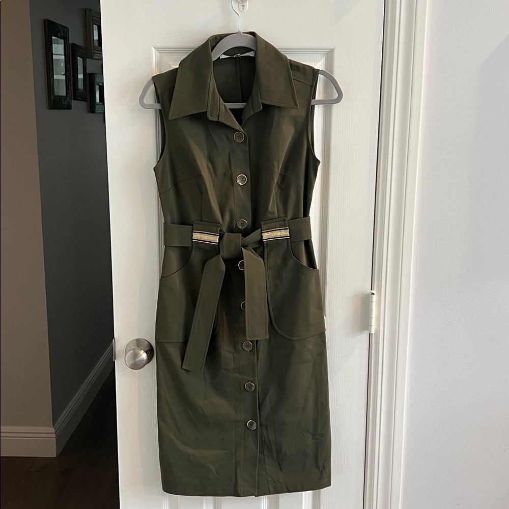 Olive Green Sleeveless Button-Down Dress